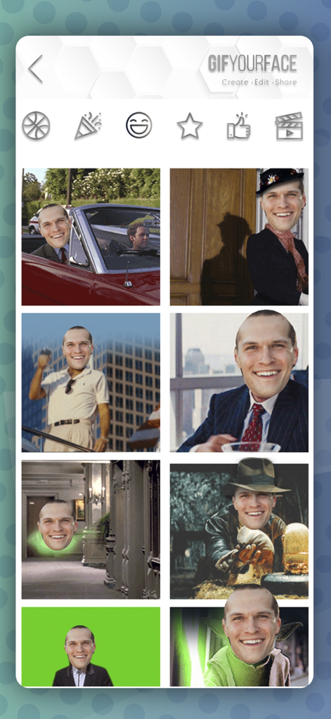 A grid of movie and pop culture video templates with a man's face swapped into various famous scenes within the Gif Your Face app.