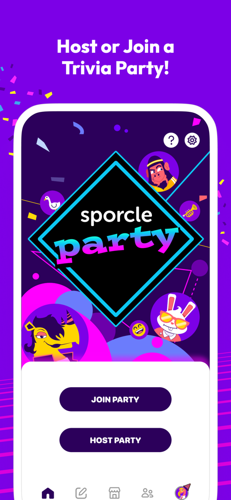 Sporcle Party app home screen with options to join or host a trivia party featuring colorful character avatars.