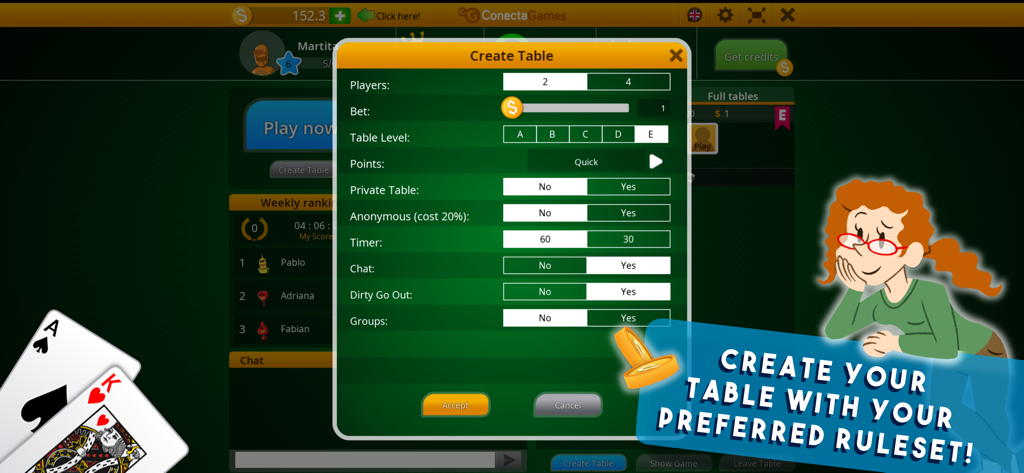 Burako - Burako game menu showing options to create a custom table with specific rules