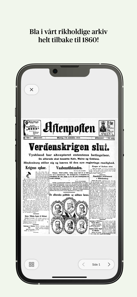 Uno smartphone che mostra una prima pagina storica del giornale del 1918 all'interno della funzione di archivio digitale di Aftenposten e-avis.