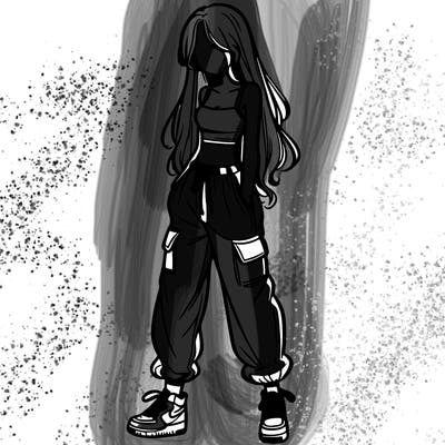 girl in baggy pants crop top and long hair