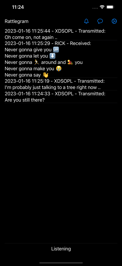 Rattlegram - User interface of the Rattlegram app displaying a history of sent and received text messages over audio.