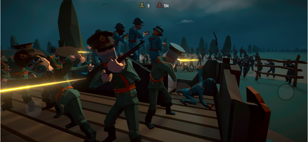 A chaotic low poly military battle scene with soldiers firing weapons and yellow tracer effects in Warbox Sandbox