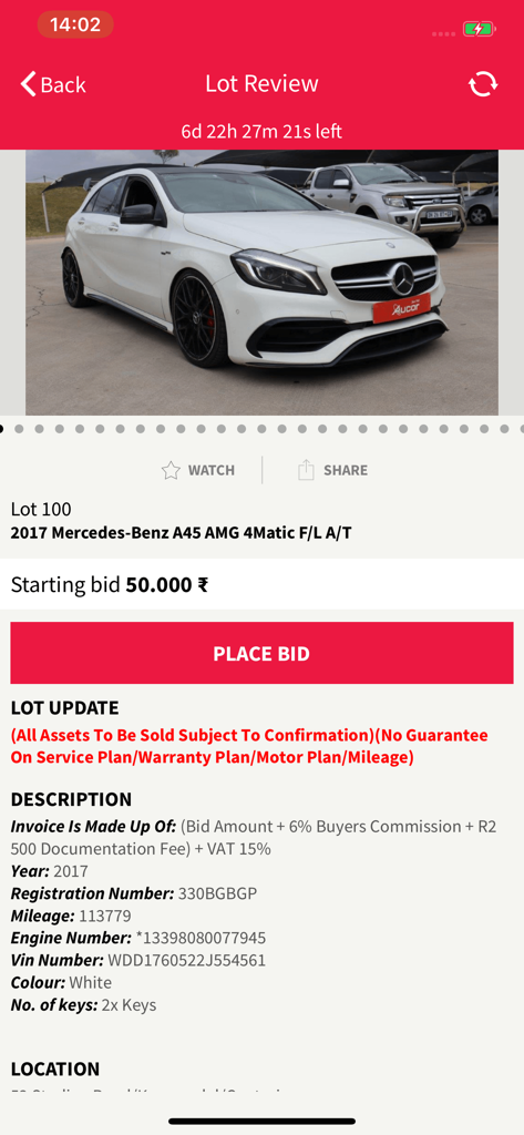Aucorlive mobile app screen displaying a vehicle auction listing for a white Mercedes-Benz