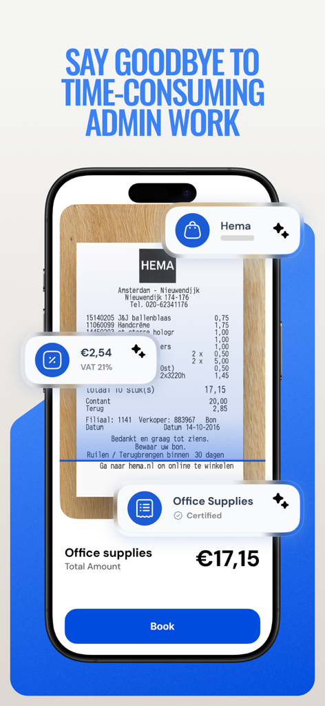 GoDutch Smart Business Account - Mobile app interface showing a receipt being scanned and categorized as office supplies to automate business administration.