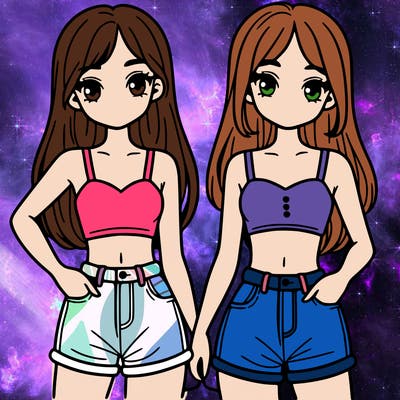 two sisters with crop tops and jean shorts and straight hair