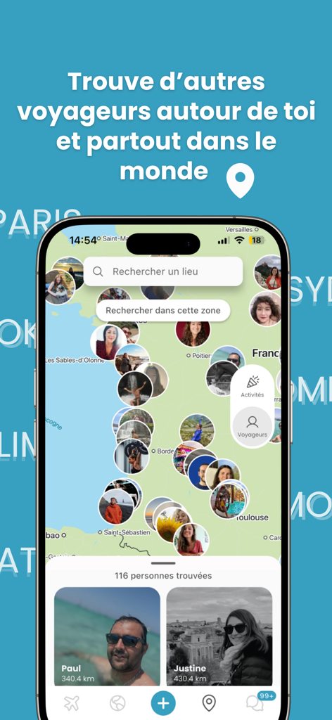 Go Frenchies - Interaktive Karte in der Go Frenchies App, die Reisende und Benutzerprofile in der Nähe anzeigt