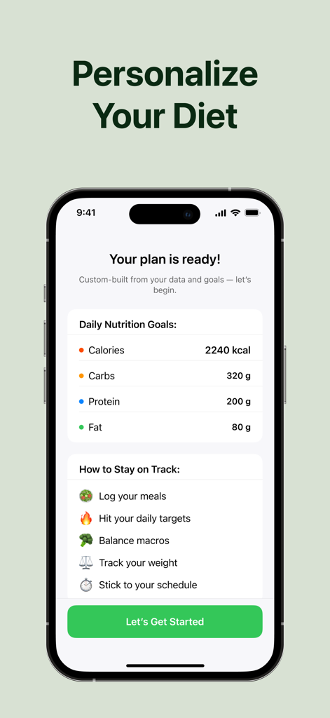 16:8・Intermittent fasting app - カロリー、炭水化物、タンパク質、脂肪の毎日の栄養目標を含む、パーソナライズされた食事プランを表示するiPhone画面。
