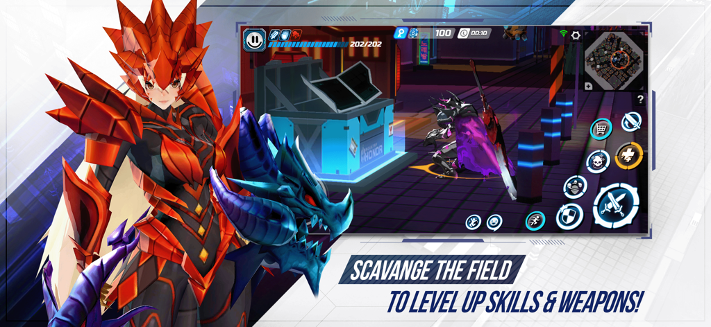 A character in red dragon armor beside a gameplay screen showing a player scavenging in a futuristic city.