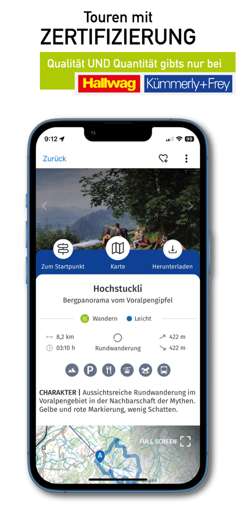HKF Outdoor app interface showing a certified hiking tour for Hochstuckli with route statistics and professional topographic map