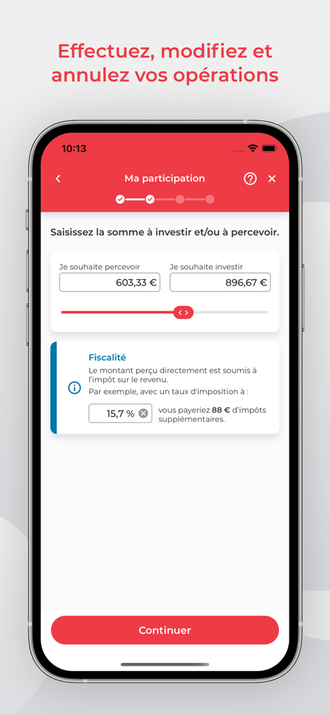 A mobile screen from the ESALIA app allowing users to manage their employee profit sharing by choosing amounts to receive or invest.