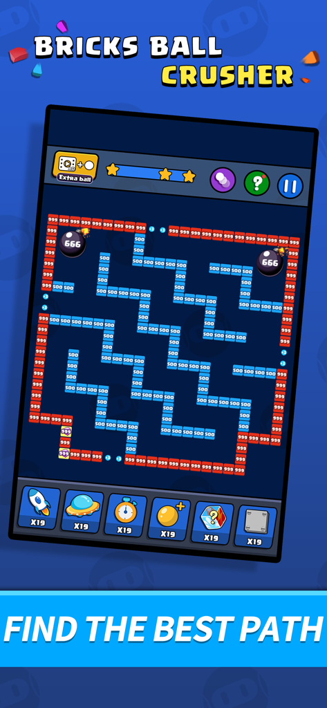 Bricks Ball Crusher - Bricks Ball Crusher game screenshot showing a maze like level with colorful bricks and power up icons