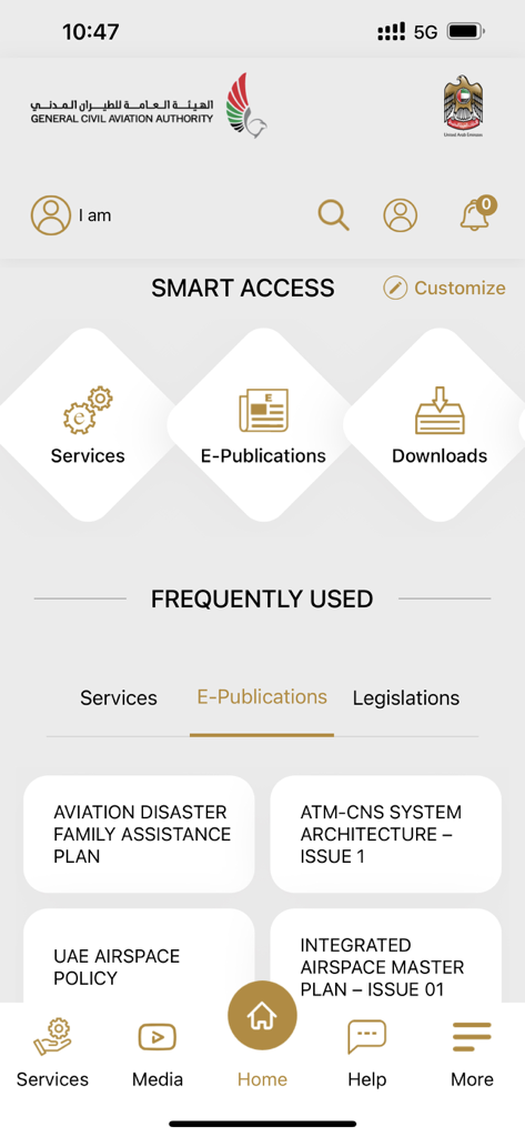 UAE GCAA - UAE General Civil Aviation Authority app home screen featuring smart access to aviation services and e-publications