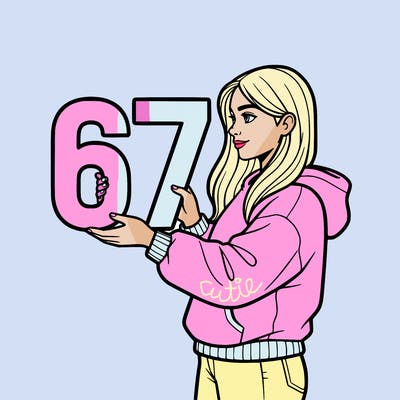 a gorgeous teen girl holding the numbers 67