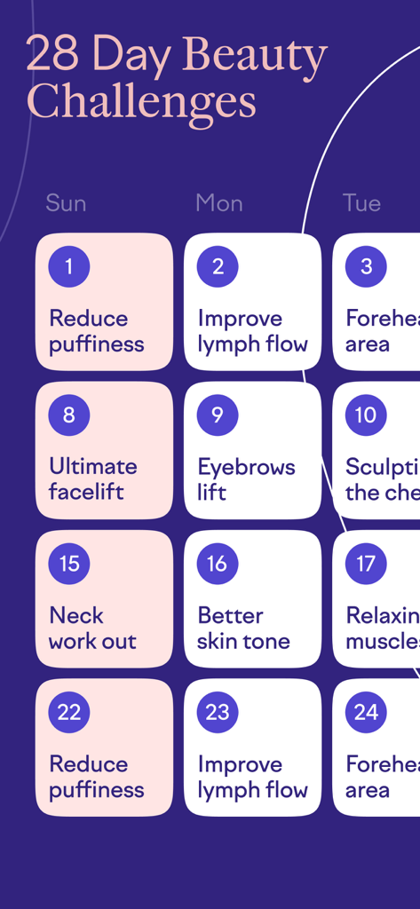 Glowbe – Face Yoga & Massage - A calendar view showing a 28 day beauty challenge with daily face yoga exercises for skin and facial toning.