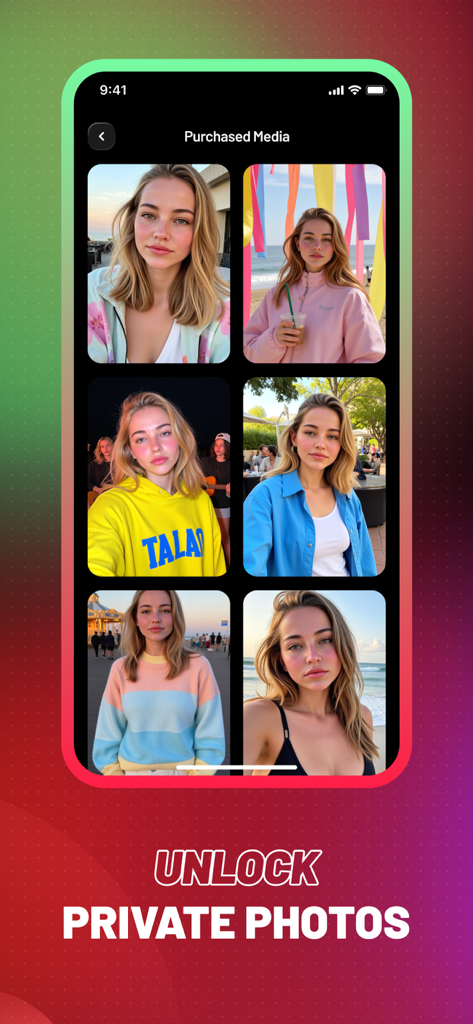 FutureMatch: AI Friend Chat - Pantalla de la aplicación FutureMatch que muestra una galería de fotos privadas de una compañera de IA con una llamada a la acción para desbloquear medios