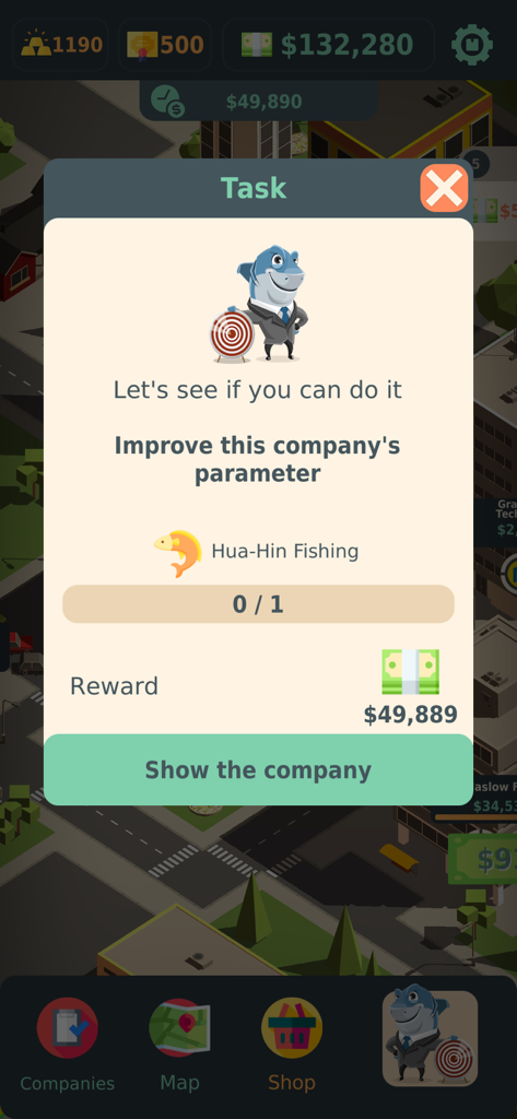 A task window in Stakeholder Stock Market Idle game showing a mission to improve a company for a cash reward