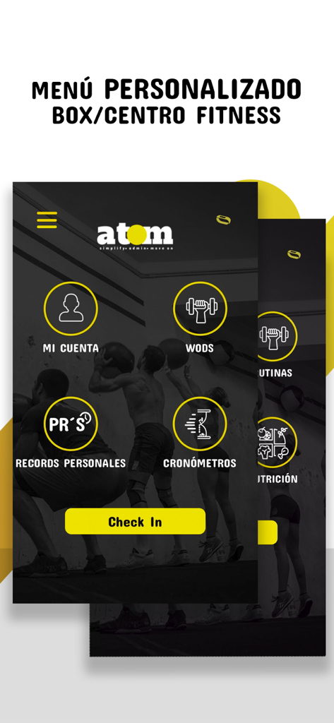 Atom - Atomフィットネスアプリのパーソナライズされたジムメンバー向けメニュー、ワークアウト追跡とチェックインオプションが表示されています