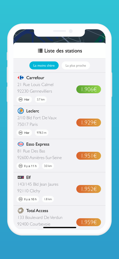 Prix Carburant - France - Interface de l'application Prix Carburant montrant une liste classée des stations-service avec leurs prix de carburant actuels et leurs distances en France