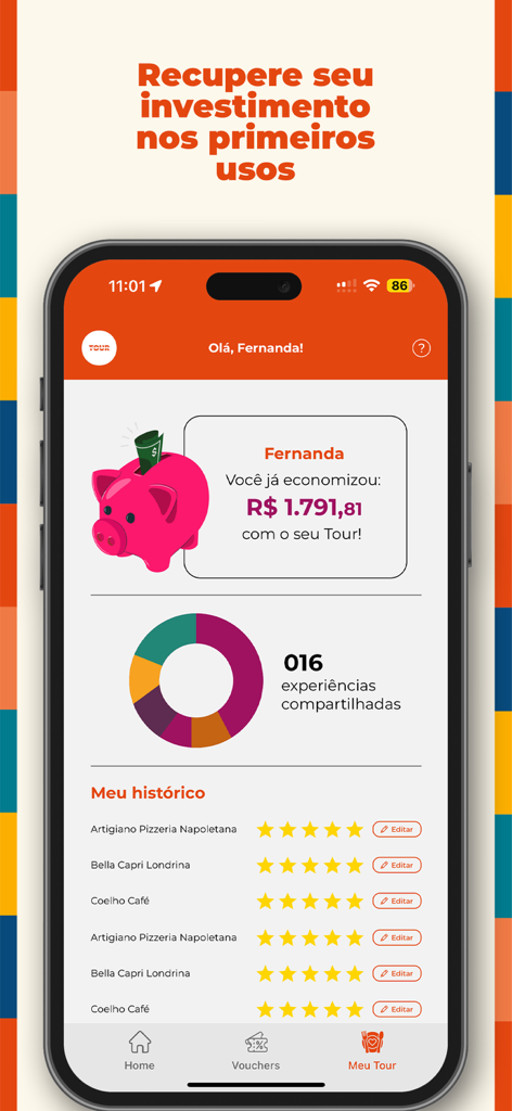 Tour Londrina - Tour Londrina app profile page displaying accumulated savings, a chart of shared dining experiences, and a history of restaurant reviews.