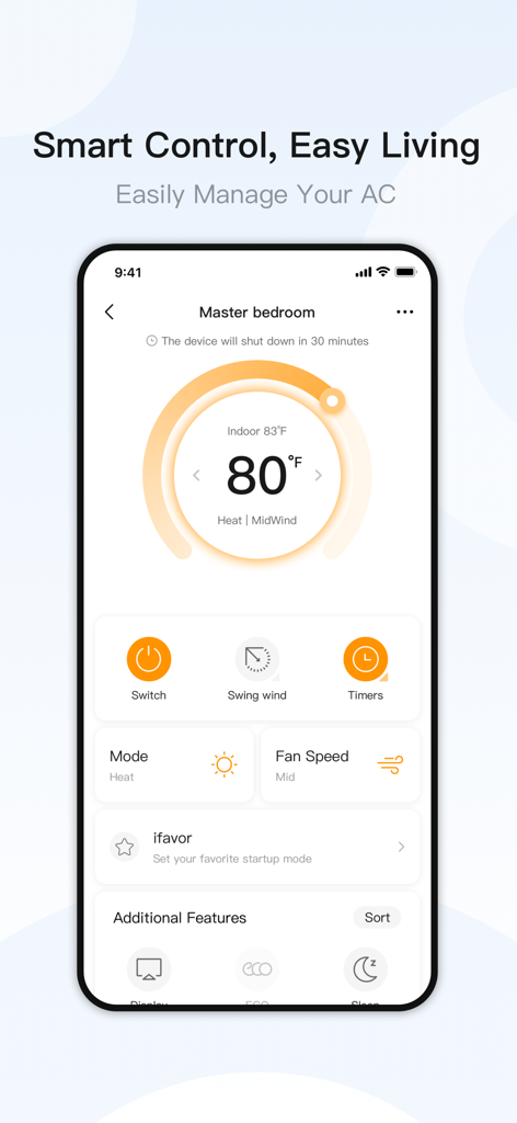AUX Home mobile app interface showing remote temperature and fan speed controls for a smart air conditioner