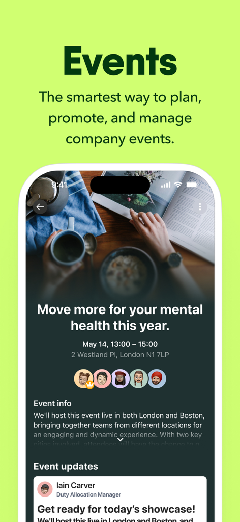 Interface of the Blink app showing the company events management feature with a mental health event listing.