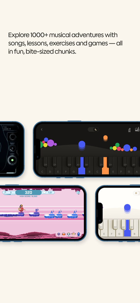 Interfaz de la aplicación ROLI Learn mostrando varias lecciones de piano y juegos arcade musicales en múltiples dispositivos