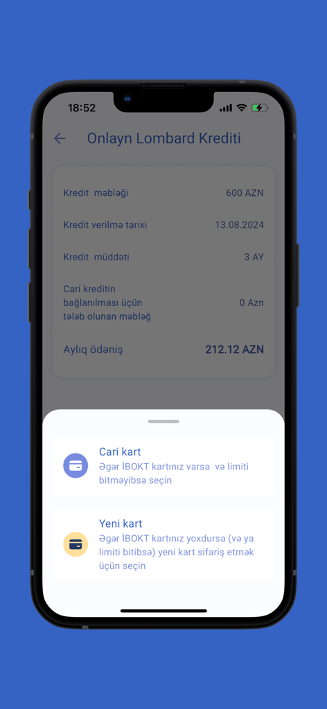 İnternational BOKT - Mobile interface of the IBOKT app displaying online pawn loan details and options to select a current or new card for payment