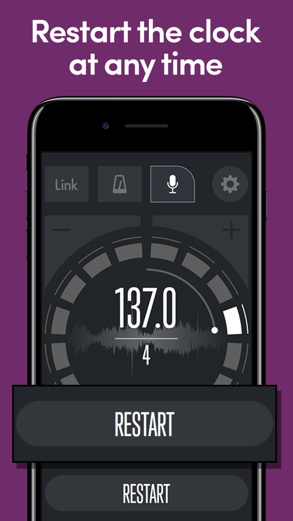Beat Detect mobile App-Oberfläche zeigt die Funktion "Clock neu starten" für Phasen-Synchronisation mit einer Anzeige von 137 BPM.