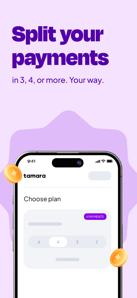 Tamara app interface showing options to split payments into 3 or 4 installments