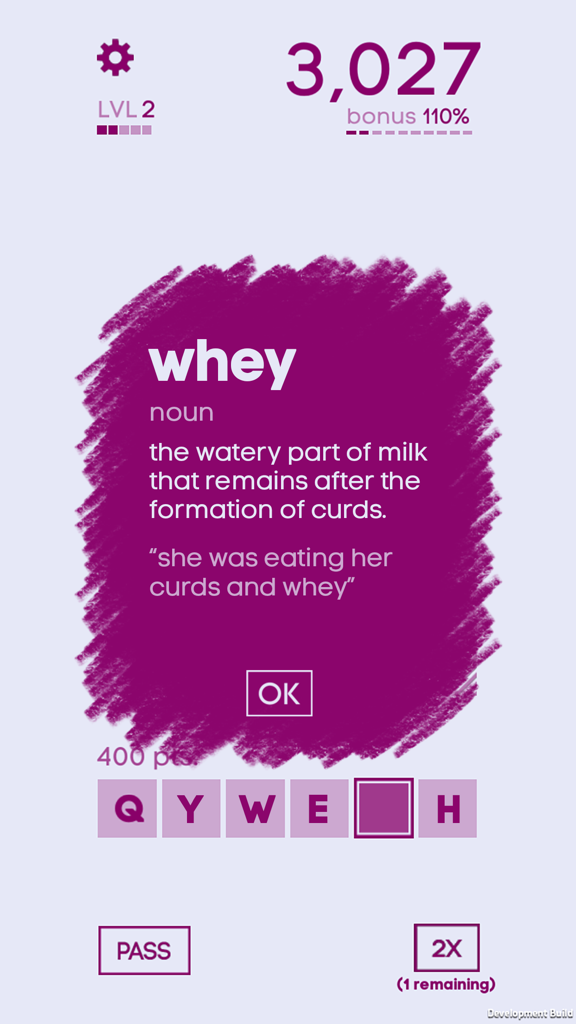 Antigrams - Antigrams game interface displaying a definition for the word whey after a word bust