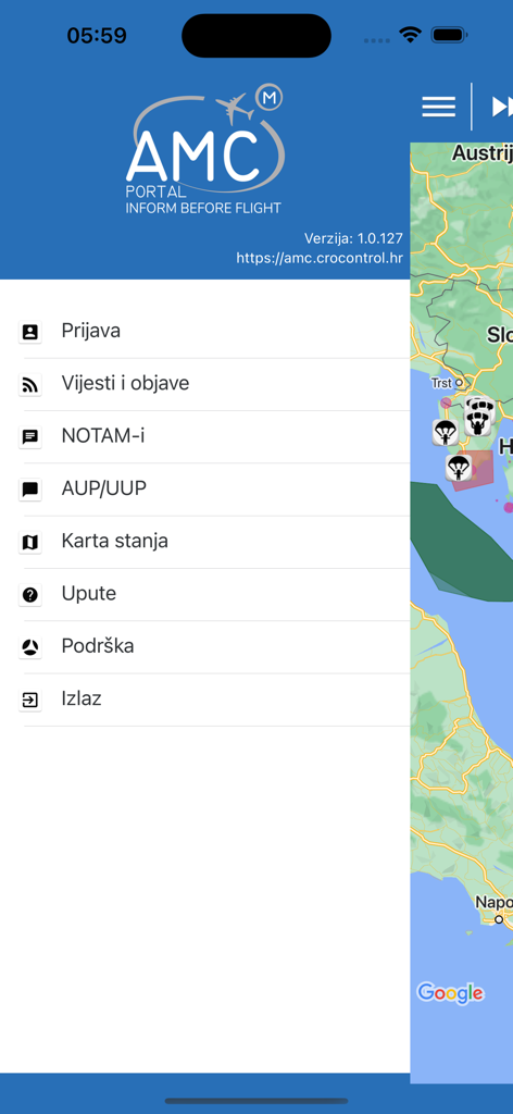 The sidebar menu of the AMC Portal Mobile app displaying flight information and navigation options over a map background.