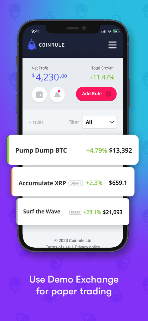 Coinrule Crypto Trading Bot - Panel de la aplicación Coinrule mostrando reglas de trading y exchange de demostración para paper trading