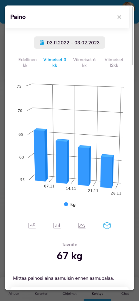 Movet Studio - Uma tela de acompanhamento de peso no aplicativo Movet Studio mostrando um gráfico de barras do progresso de peso e uma meta de 67 kg.