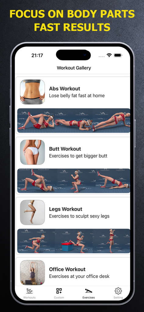 Female Fitness - Home Workout - Female Fitness app interface showing workout options for abs, butt, legs, and office exercises.