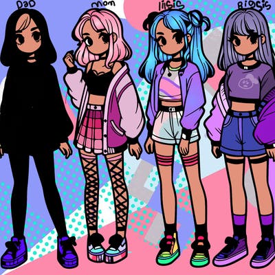 one girl with crop-top shirt and a jacket with a skirt, long socks and another girl with a shirt and pants with a jacket