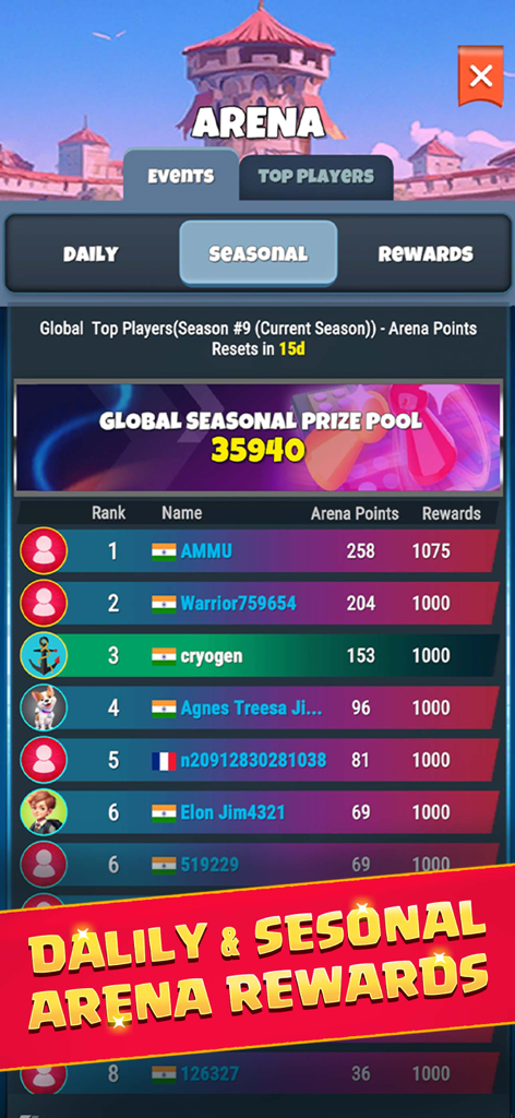 Ludo Royale: Dice Board Game - Pantalla de Arena de Ludo Royale que muestra el premio de temporada global y la tabla de clasificación de los mejores jugadores