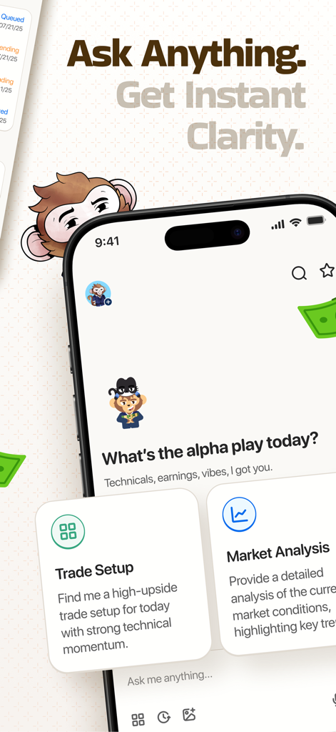 Ape AI: Trading Companion - Interfaz de la aplicación Ape AI mostrando un chat de compañero de trading con análisis de mercado y opciones de configuración de operaciones