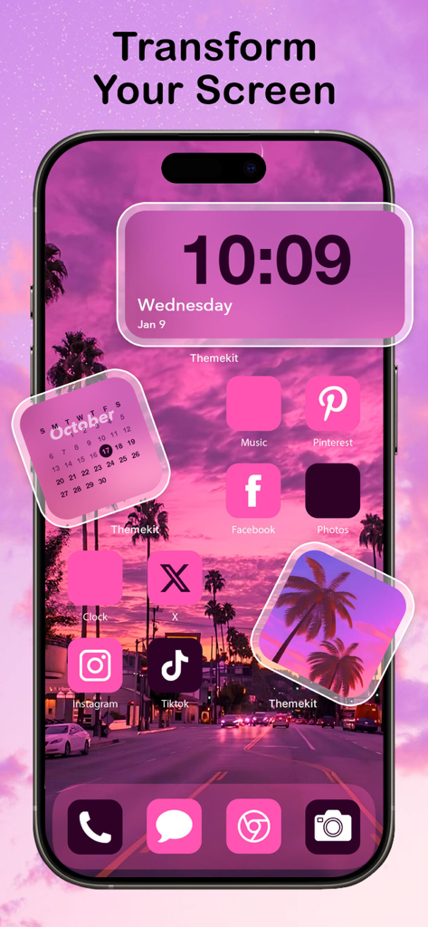 Themelia: Theme & Widget - iPhone home screen featuring a pink sunset aesthetic theme with custom icons and widgets.