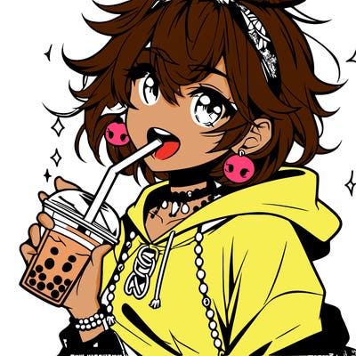 hot baddie anime girl drinking boba and biting the straw