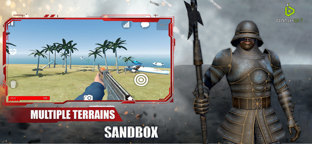 UMod Ultimate Sandbox gameplay screenshot showing a beach environment and a 3D knight character
