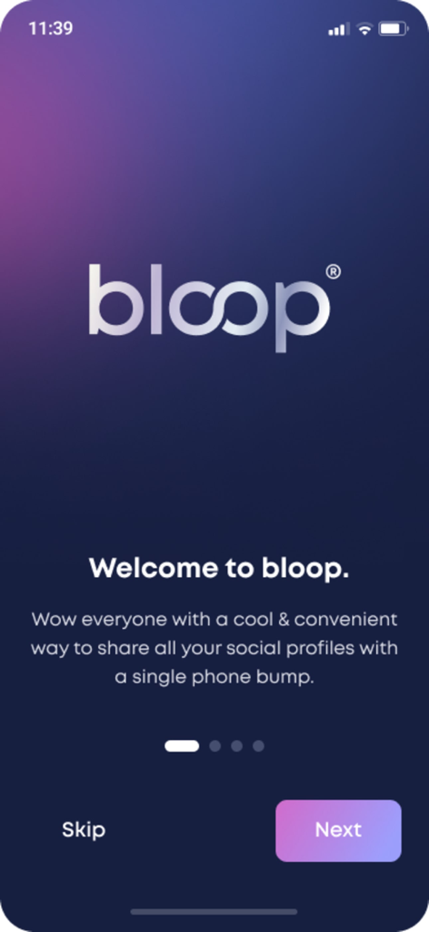 Bloop - Connect & Share - Pantalla de bienvenida de la aplicación Bloop explicando el intercambio de perfiles sociales mediante el contacto de teléfonos.