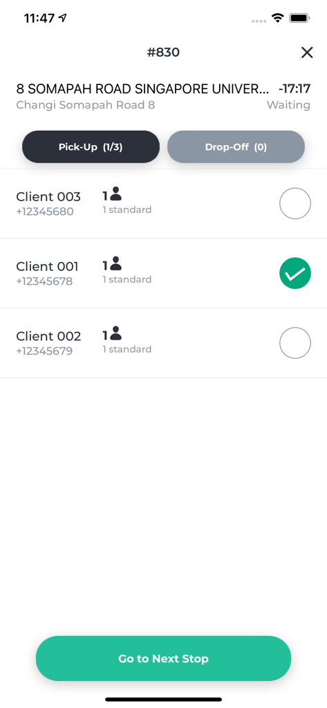 SWAT Driver 2 - SWAT Driver 2 app interface showing a passenger pickup list with status checkmarks and address details