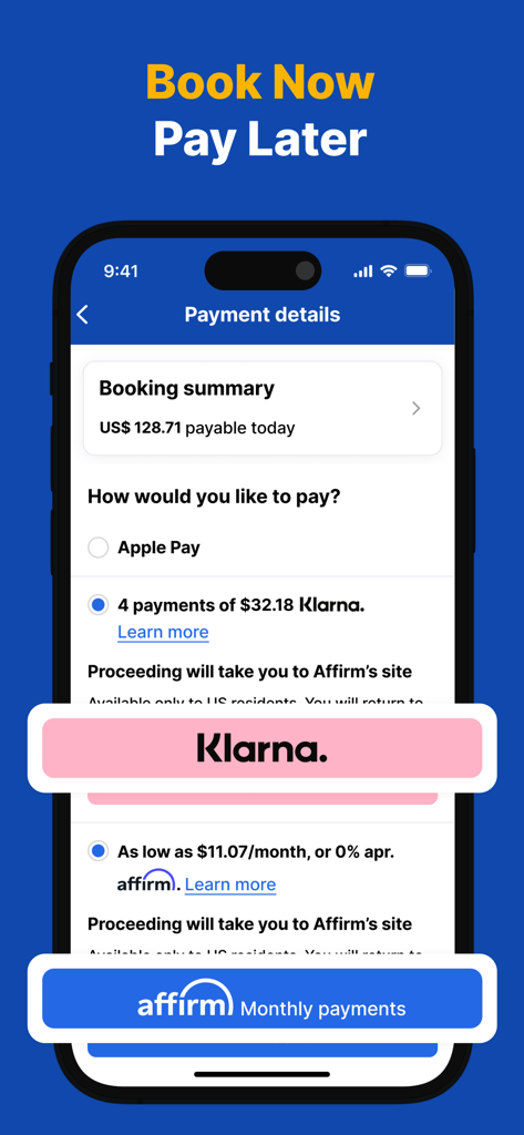 Pantalla de la aplicación EconomyBookings mostrando opciones de pago flexibles, incluidas Klarna y Affirm, para alquileres de coches
