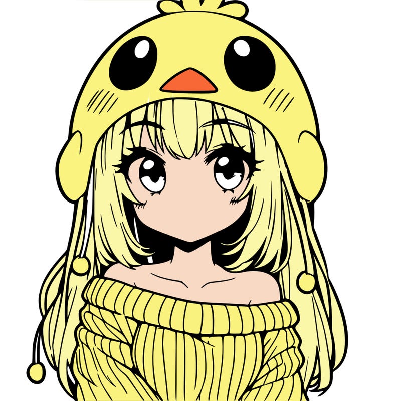 anime girl with chick shaped hat with sweater with bare shoulders with bangs covering them one eye with low tail