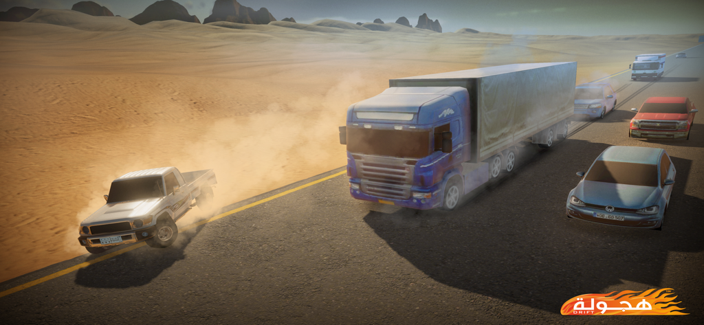 A white truck drifting on a desert highway alongside a large blue semi truck in Hajwala Drift.