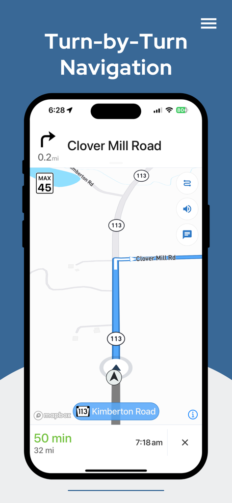 Tela de smartphone mostrando navegação GPS curva a curva para uma rota de teste de condução em um mapa