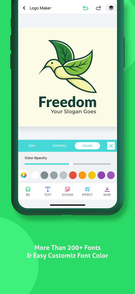 Logo Maker - Logo Creator - Interfaz de la app Creador de Logos mostrando la personalización de color y fuente para un logo de pájaro.