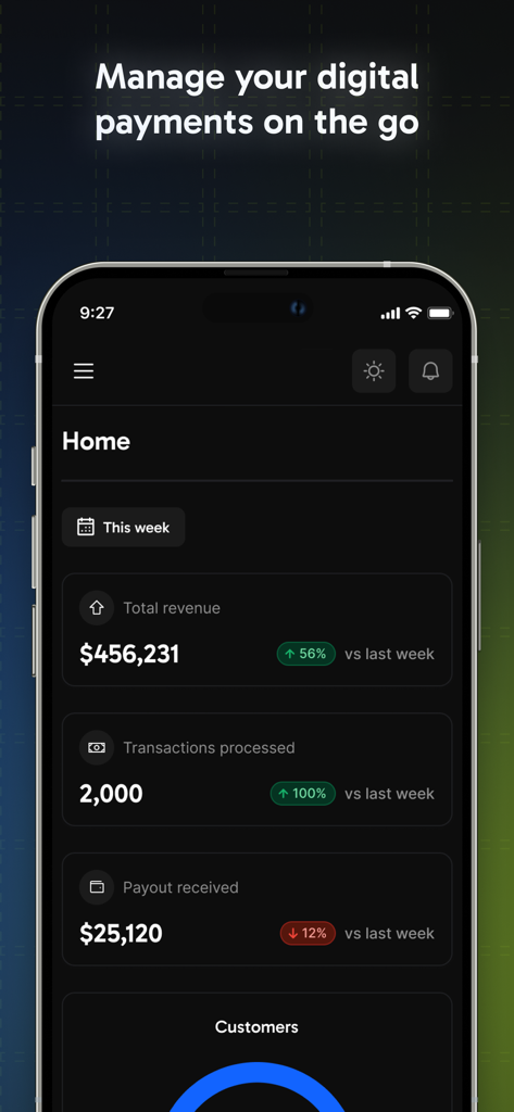 Dodo Payments - Pantalla de inicio de la aplicación Dodo Payments que muestra ingresos totales y métricas de transacciones para negocios digitales