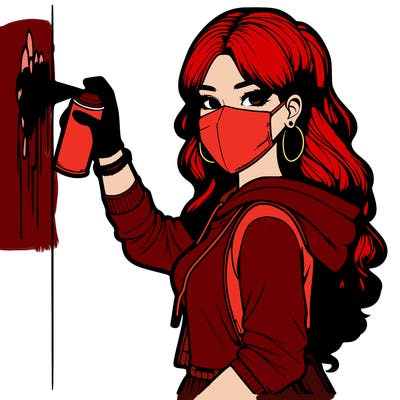 realistic girl with mask spray painting a wall